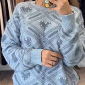 Sew in Love- Light Blue Heart Sweater Size Medium